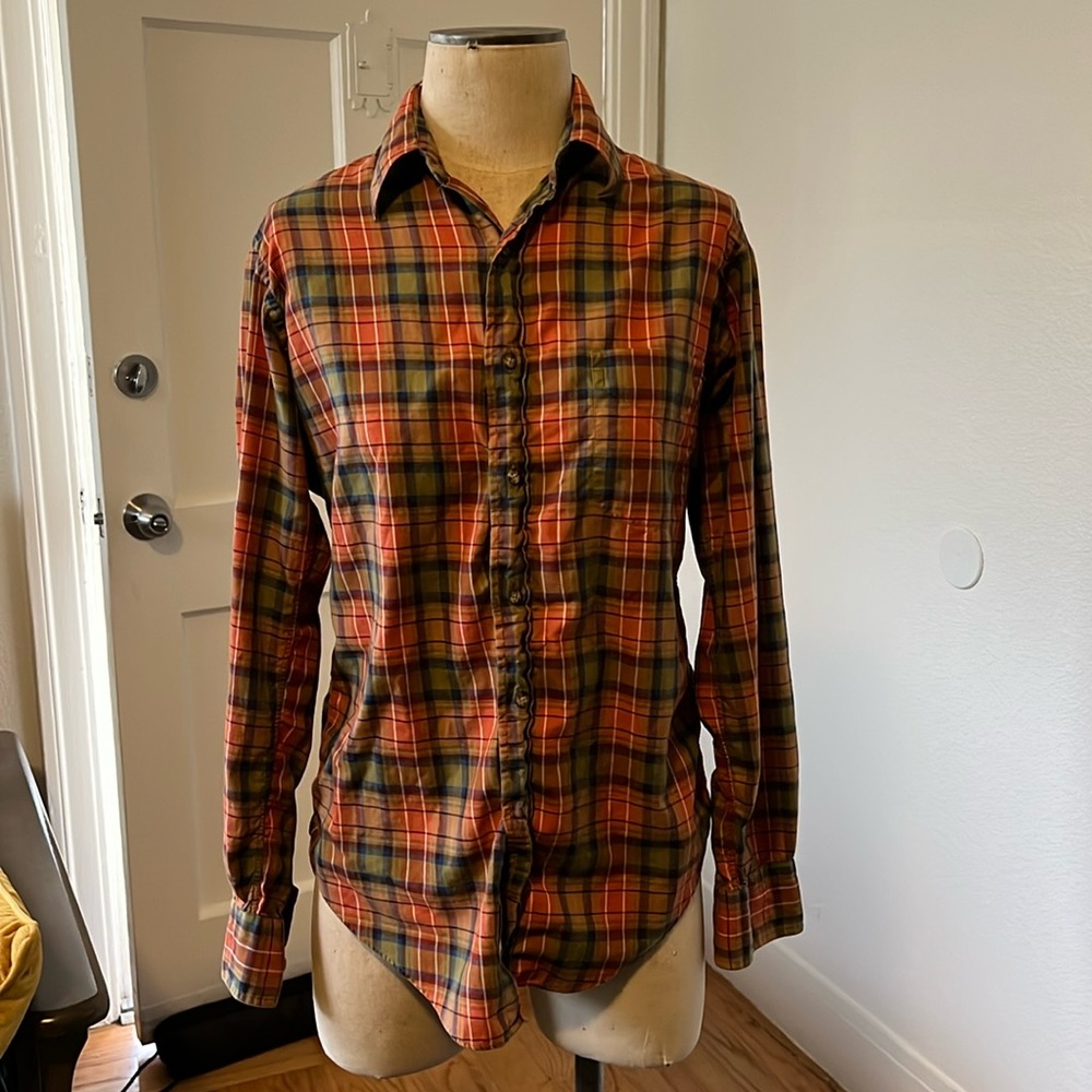 PAUL STUART NEW YORK ORANGE, GREEN, BLUE, PURPLE PLAID MENS SHIRT - Sz S VINTAGE
